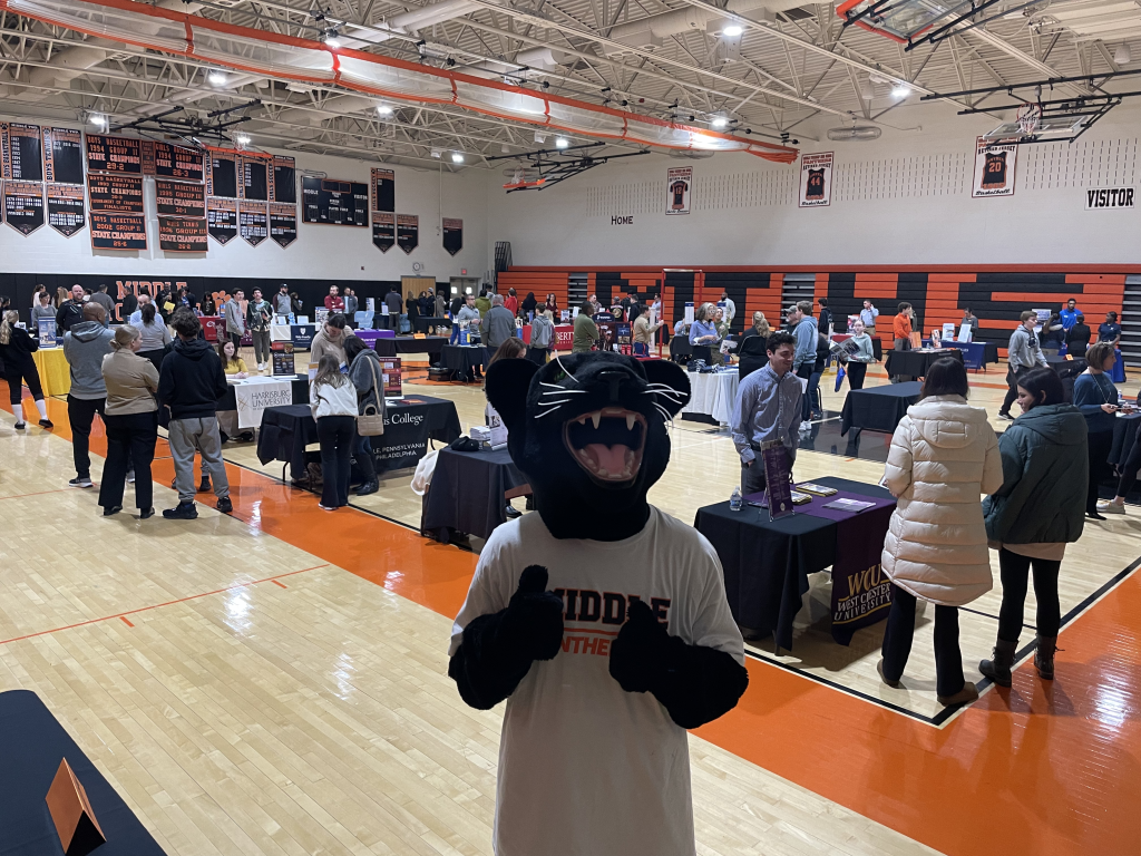 Middle Township High School’s 2023 College Fair featuring the MTSD Panther mascot. 