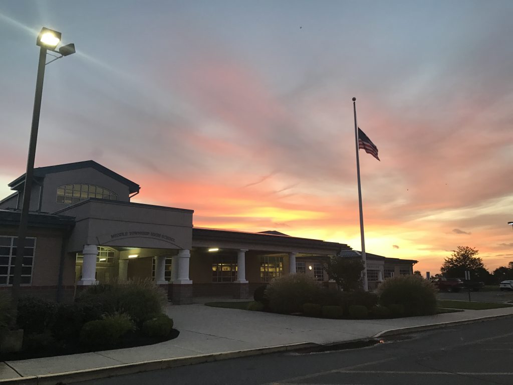 Middle Township High School front building exterior at sunset